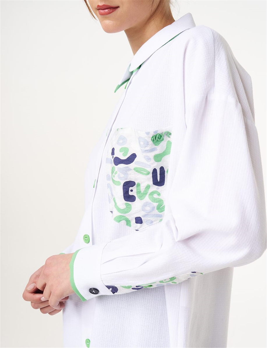 Keten Karışımlı Baskılı Tunik Optik Beyaz