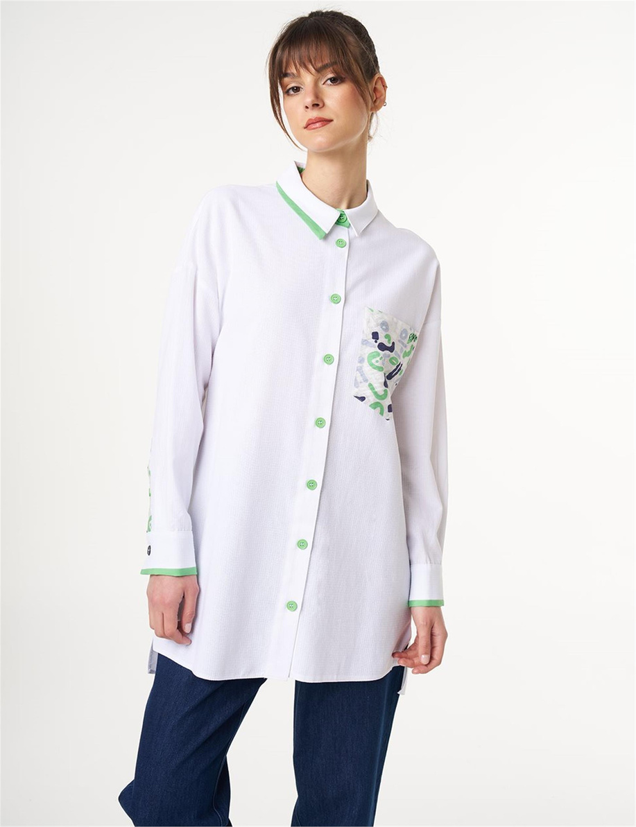 Keten Karışımlı Baskılı Tunik Optik Beyaz