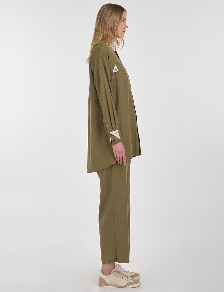 Keten Karışımlı Hakim Yaka Tunik Haki