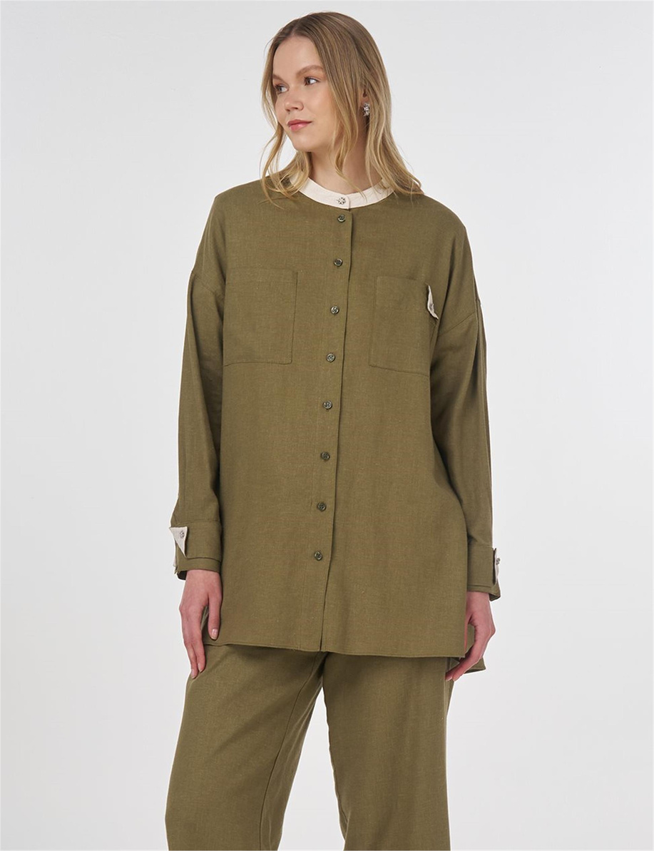 Keten Karışımlı Hakim Yaka Tunik Haki