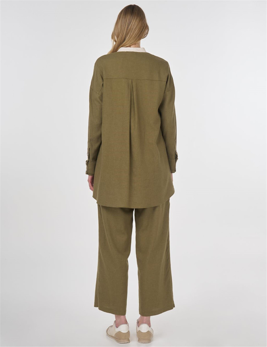 Keten Karışımlı Hakim Yaka Tunik Haki