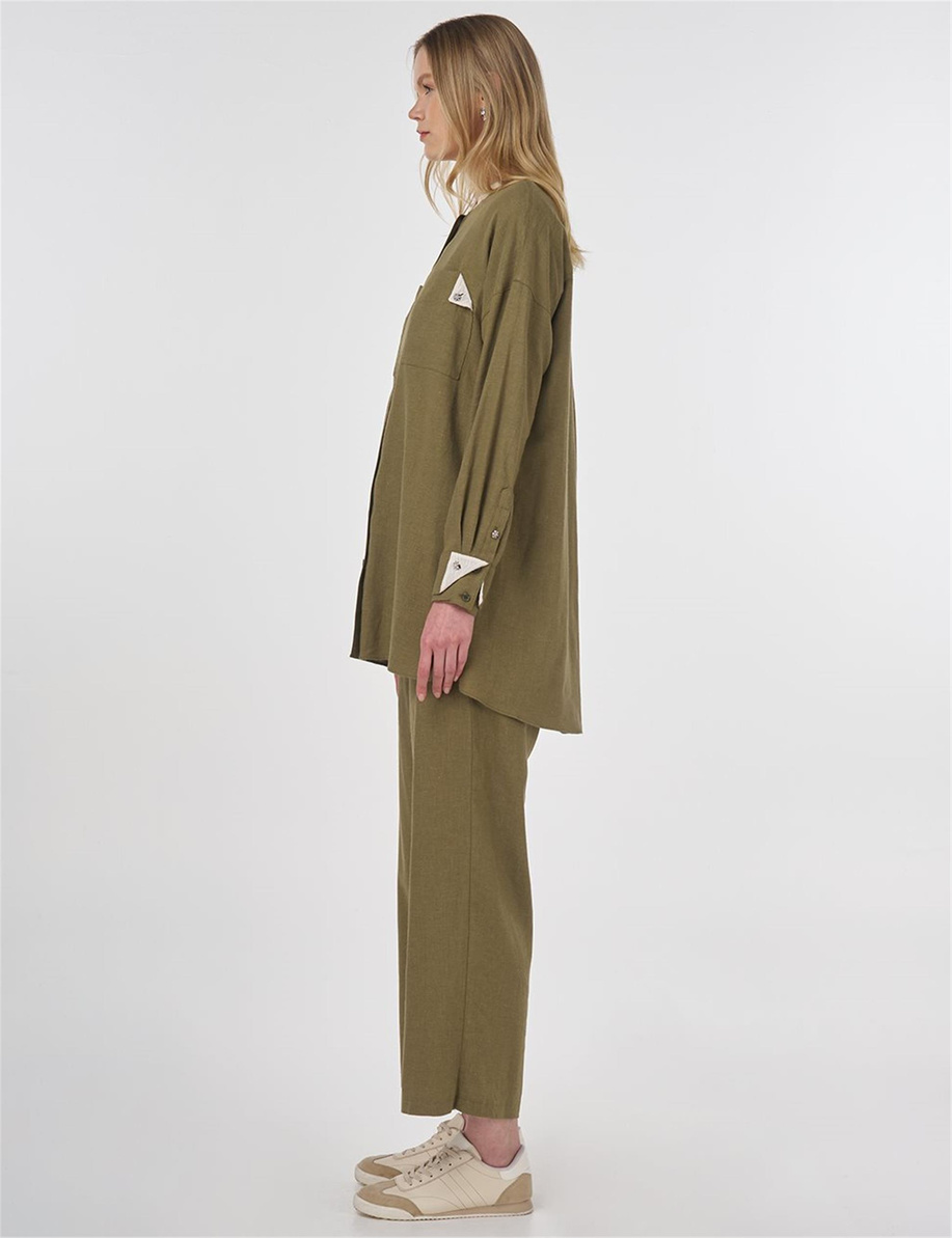 Keten Karışımlı Hakim Yaka Tunik Haki