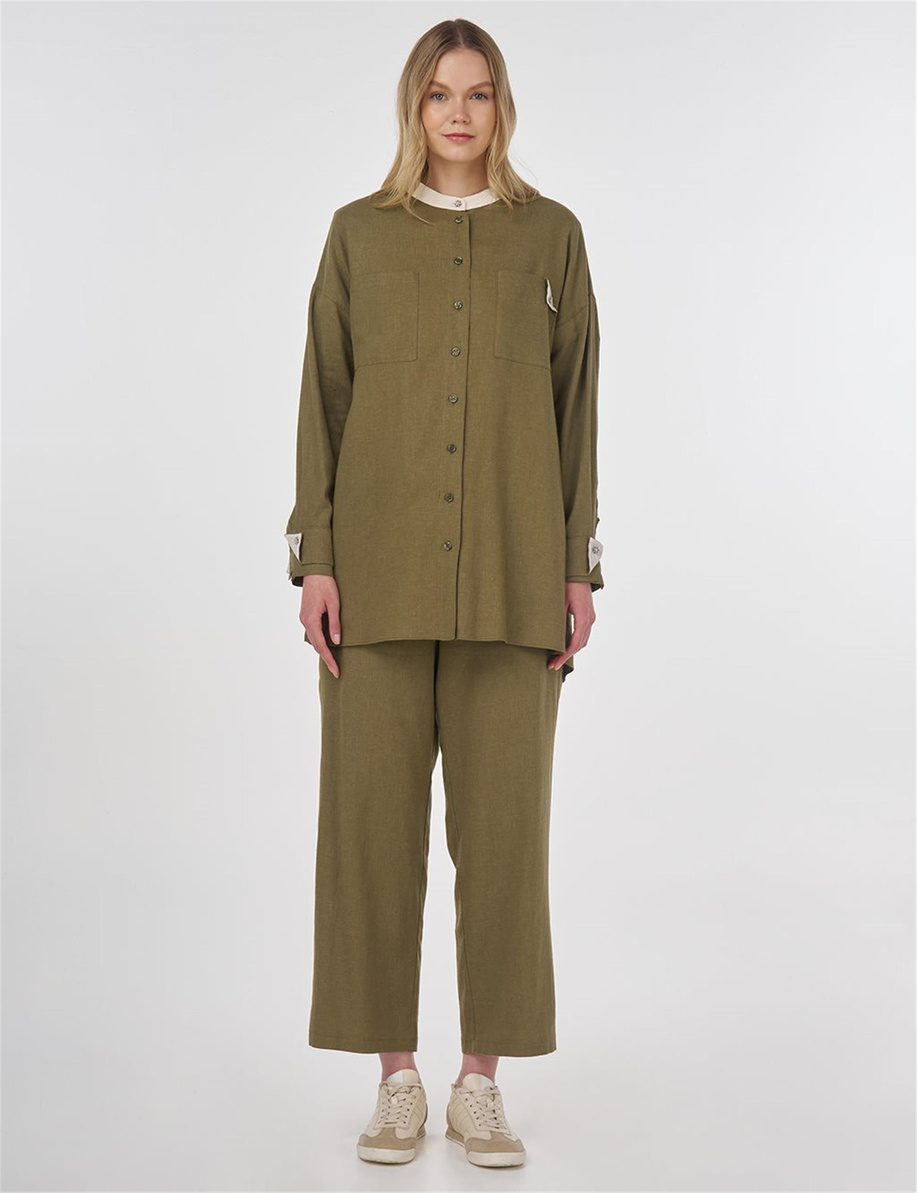 Keten Karışımlı Hakim Yaka Tunik Haki