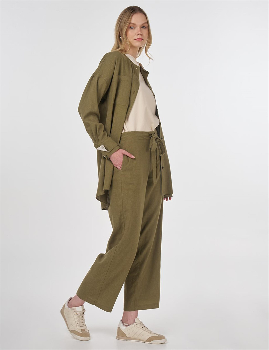 Keten Karışımlı Hakim Yaka Tunik Haki