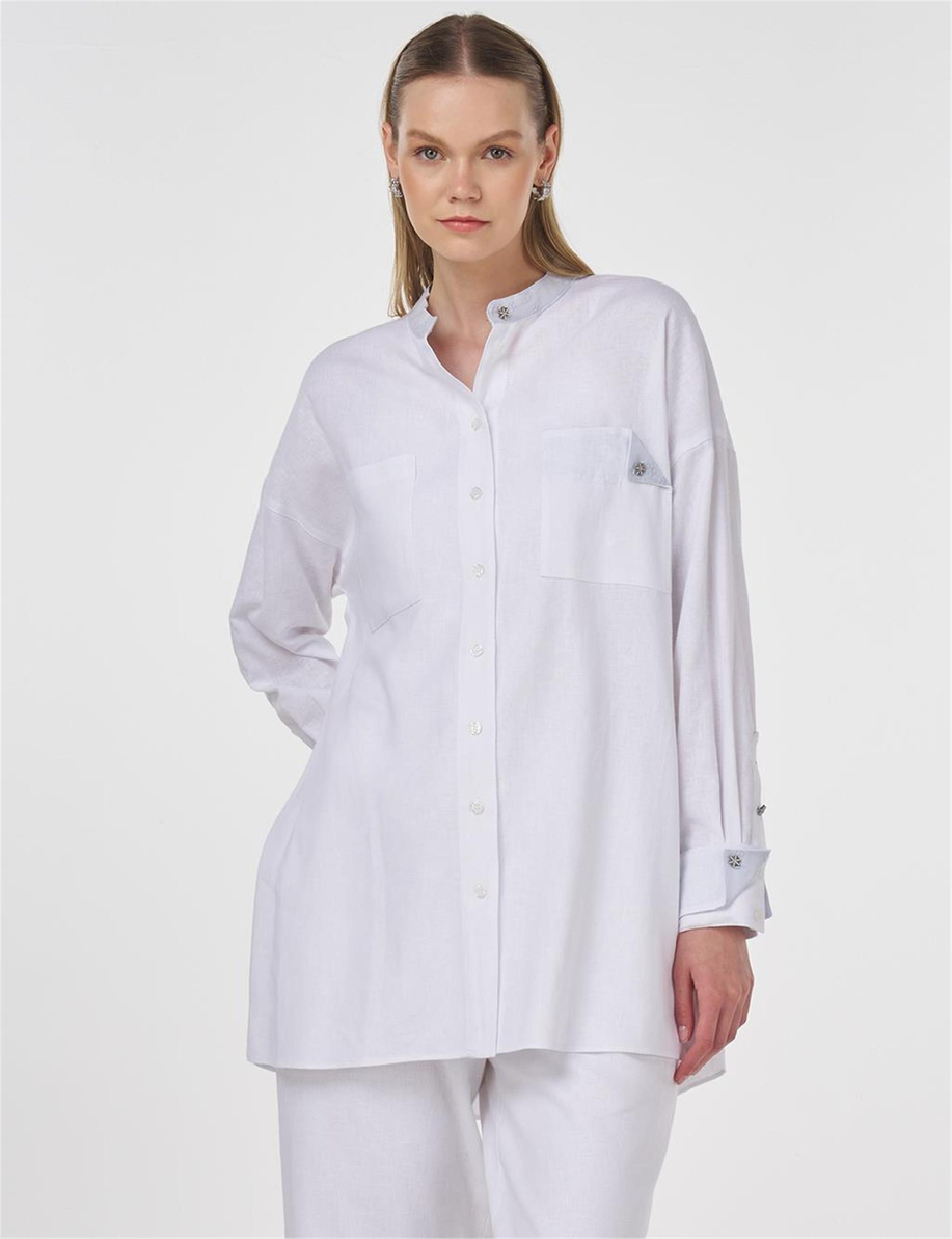 Keten Karışımlı Hakim Yaka Tunik Optik Beyaz