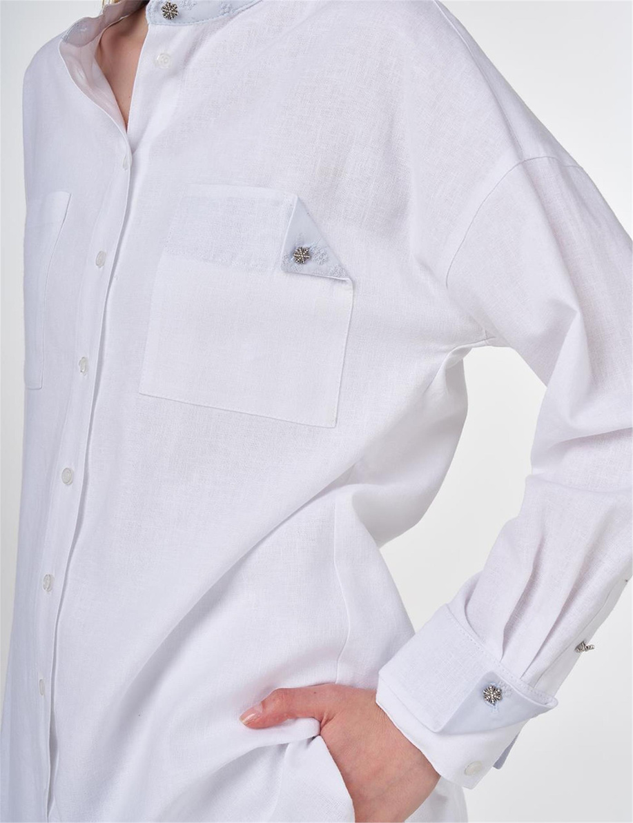 Keten Karışımlı Hakim Yaka Tunik Optik Beyaz