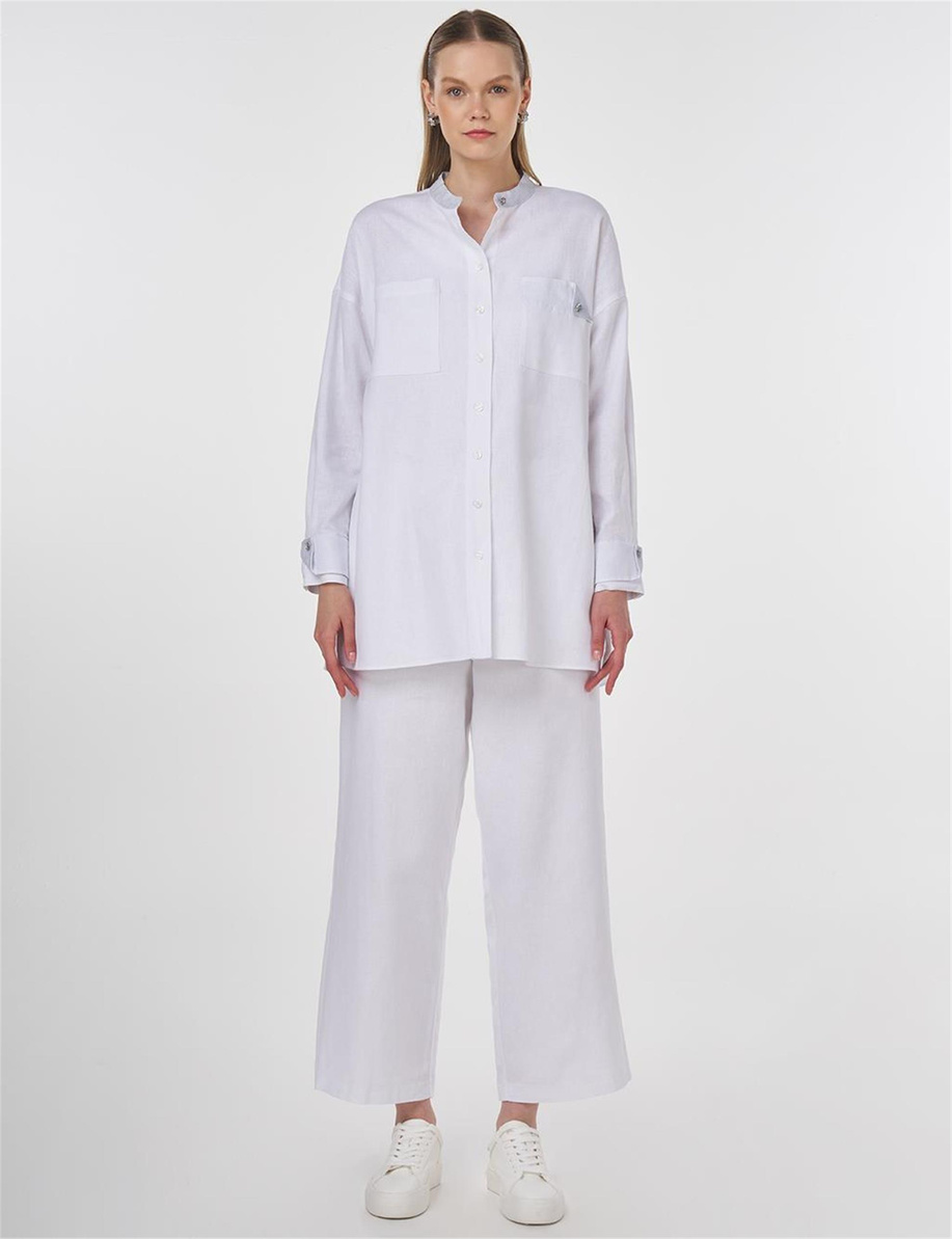 Keten Karışımlı Hakim Yaka Tunik Optik Beyaz