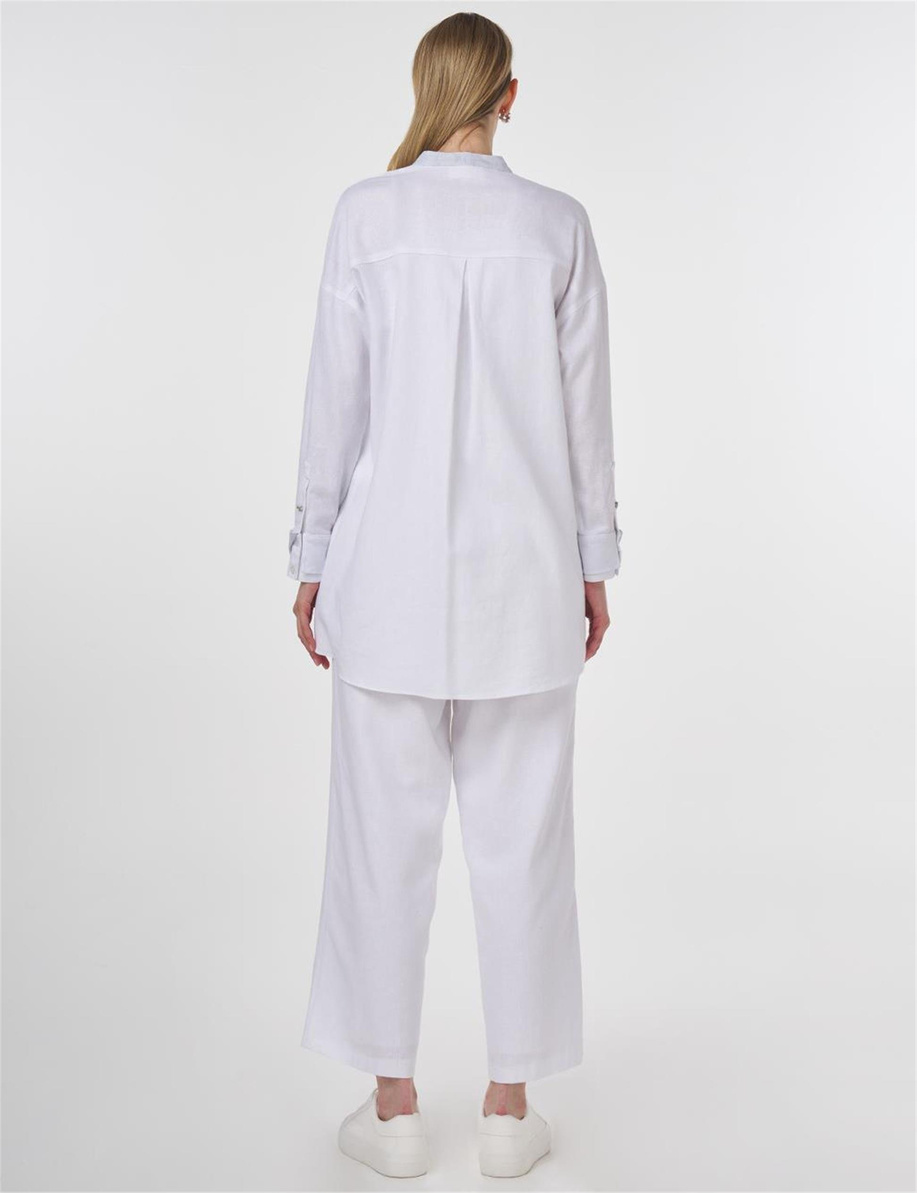 Keten Karışımlı Hakim Yaka Tunik Optik Beyaz