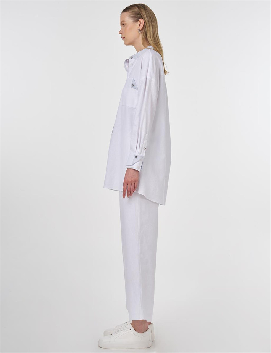 Keten Karışımlı Hakim Yaka Tunik Optik Beyaz