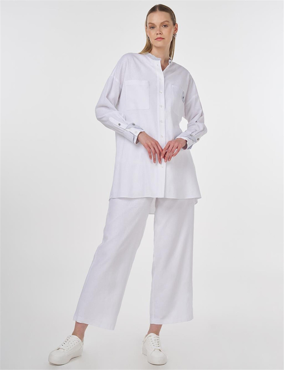 Keten Karışımlı Hakim Yaka Tunik Optik Beyaz