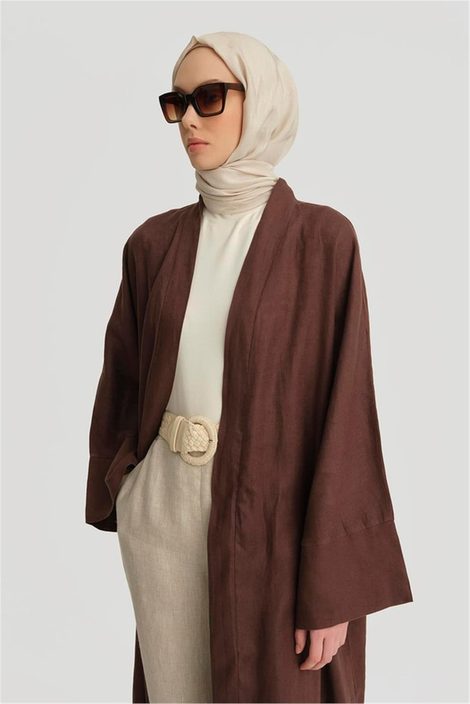 Kol Yırtmaçlı Kruvaze Kahve Abaya