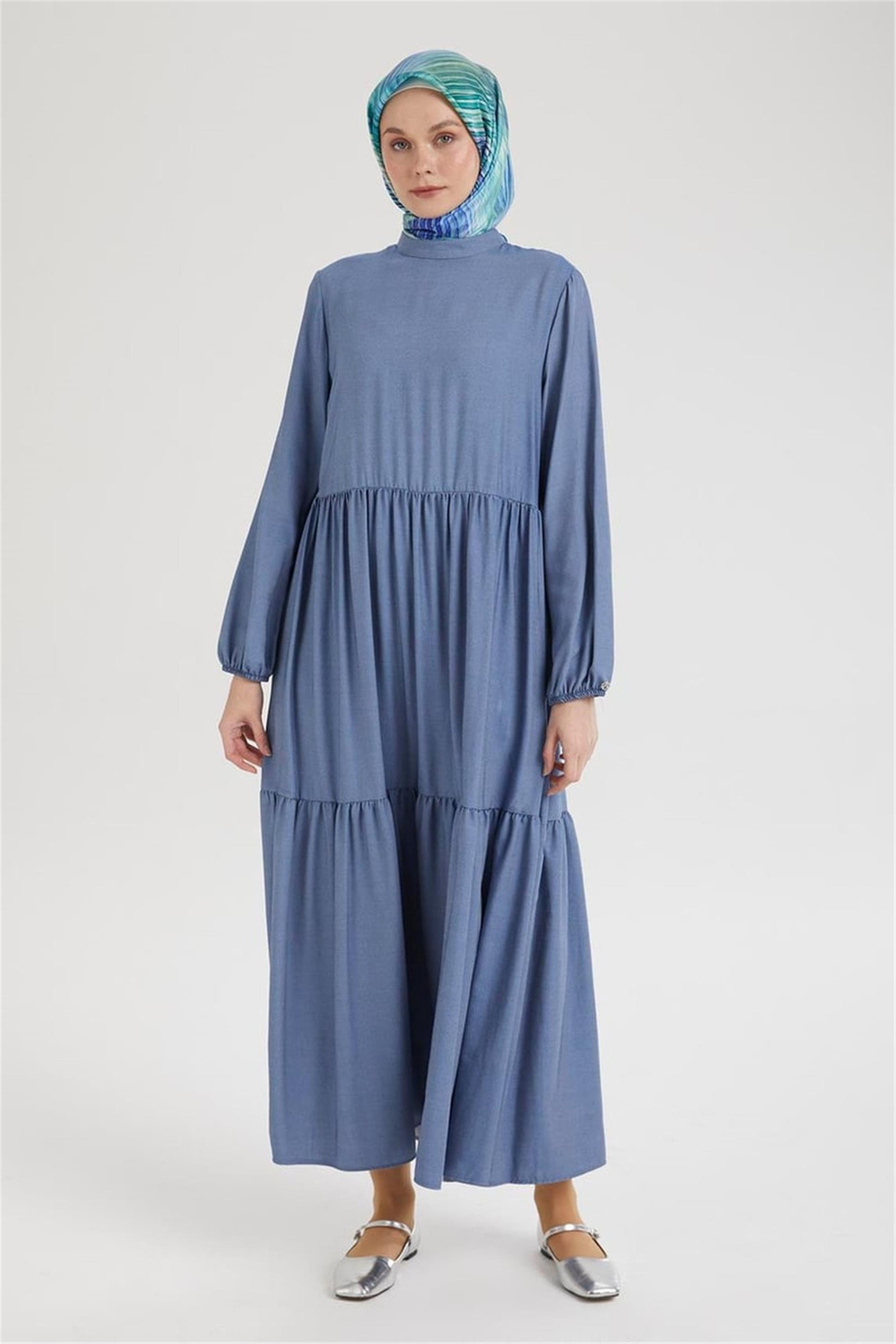 Kolları Lastikli Günlük Elbise-İndigo 25YT953