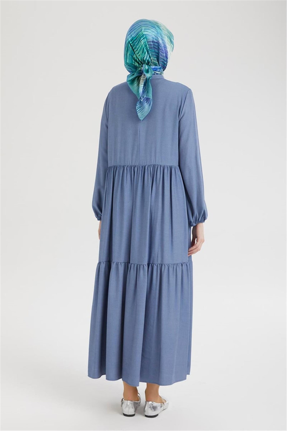 Kolları Lastikli Günlük Elbise-İndigo 25YT953