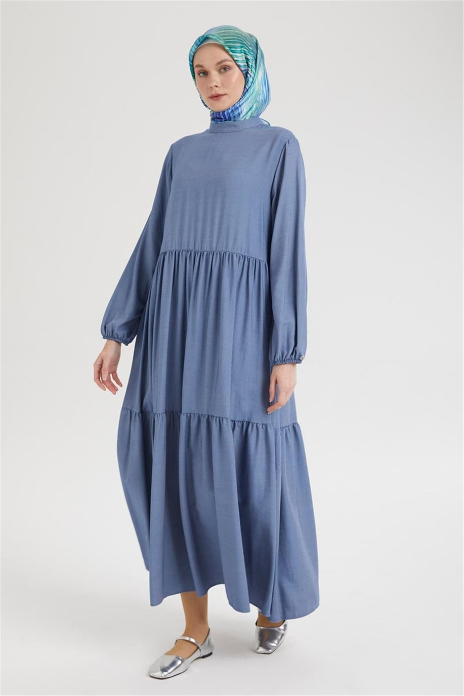 Kolları Lastikli Günlük Elbise-İndigo 25YT953