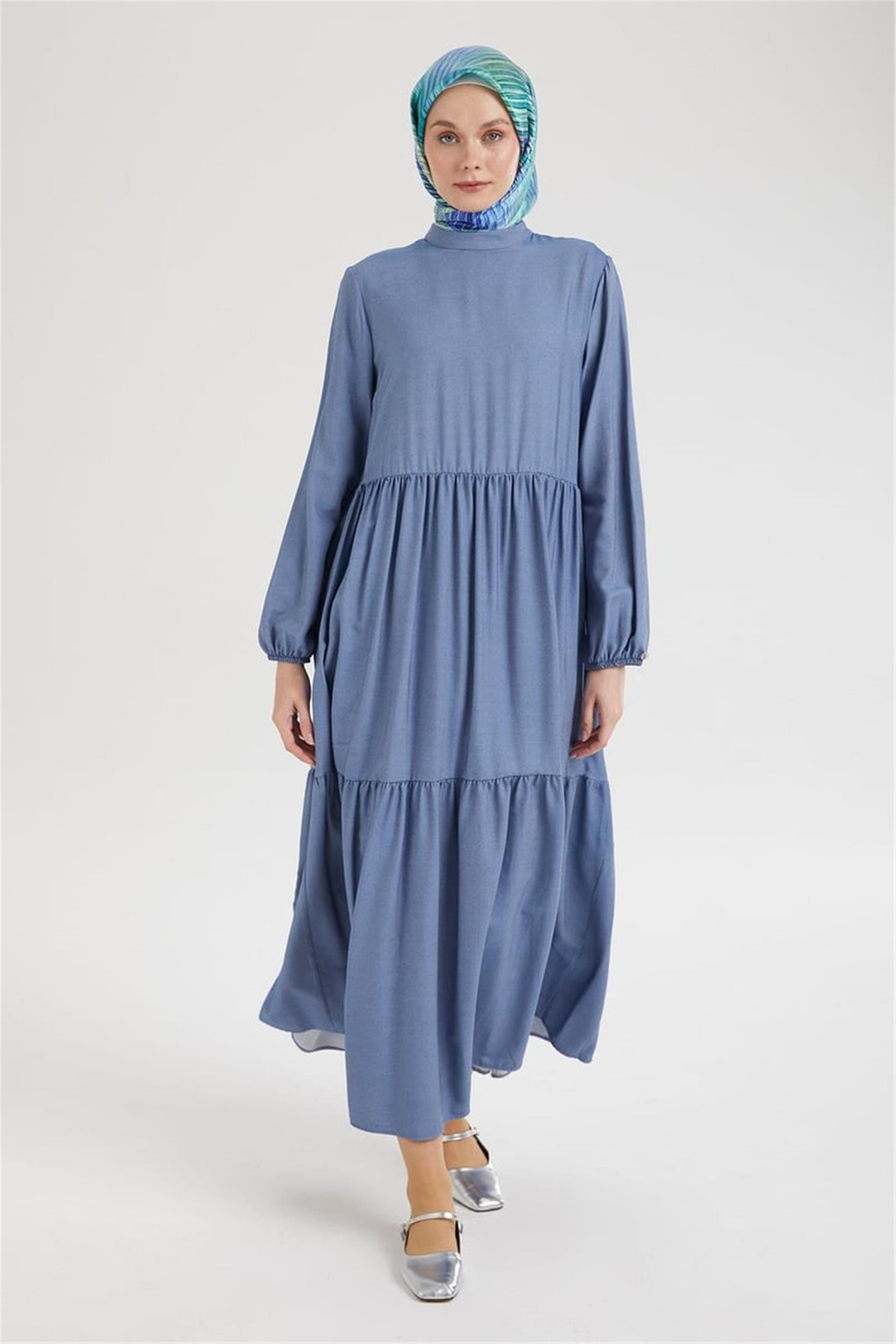 Kolları Lastikli Günlük Elbise-İndigo 25YT953