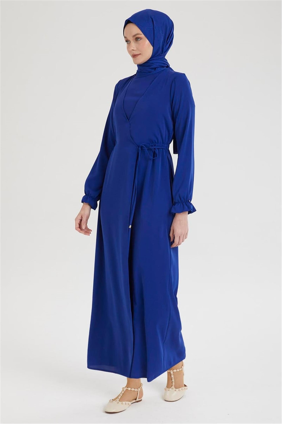 Kolları Lastikli V Yaka Detaylı Elbise-Saks 25YT944