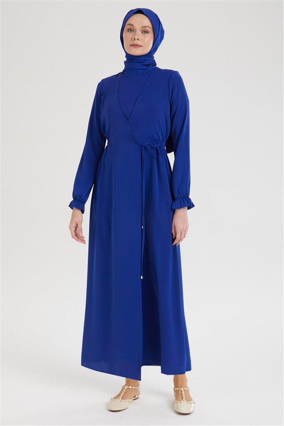 Kolları Lastikli V Yaka Detaylı Elbise-Saks 25YT944