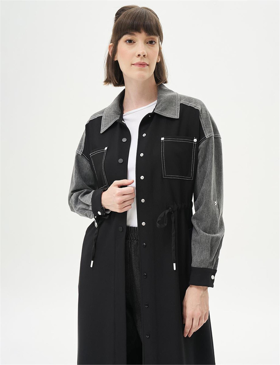 Kontrast Dikişli Bel Büzgülü Siyah Giy Çık