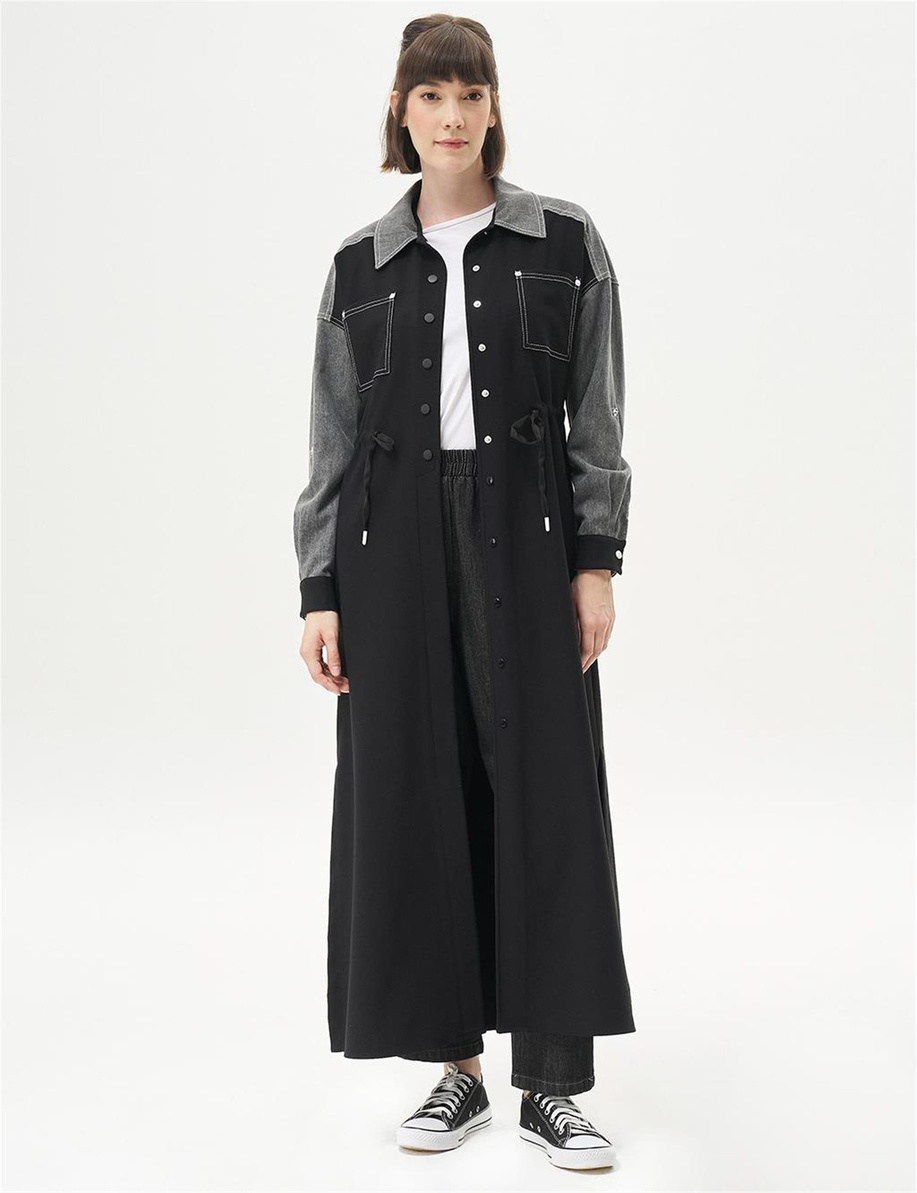 Kontrast Dikişli Bel Büzgülü Siyah Giy Çık