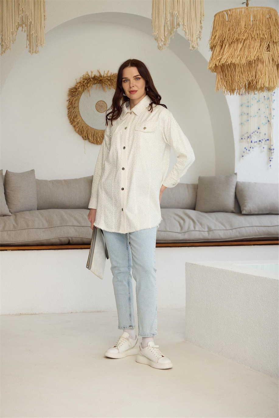 Kristal Serpme Taşlı Kot Ekru Ceket