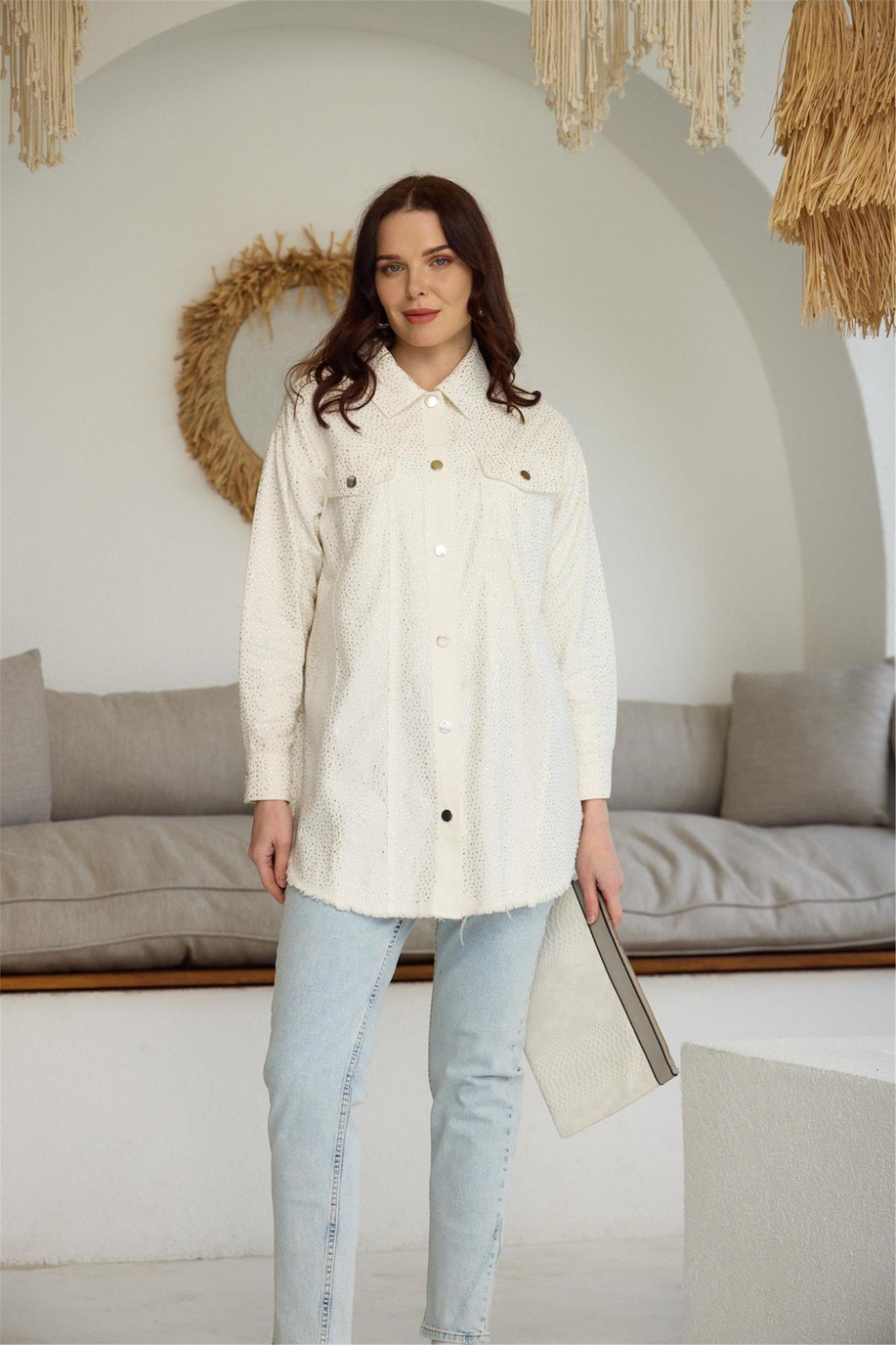 Kristal Serpme Taşlı Kot Ekru Ceket