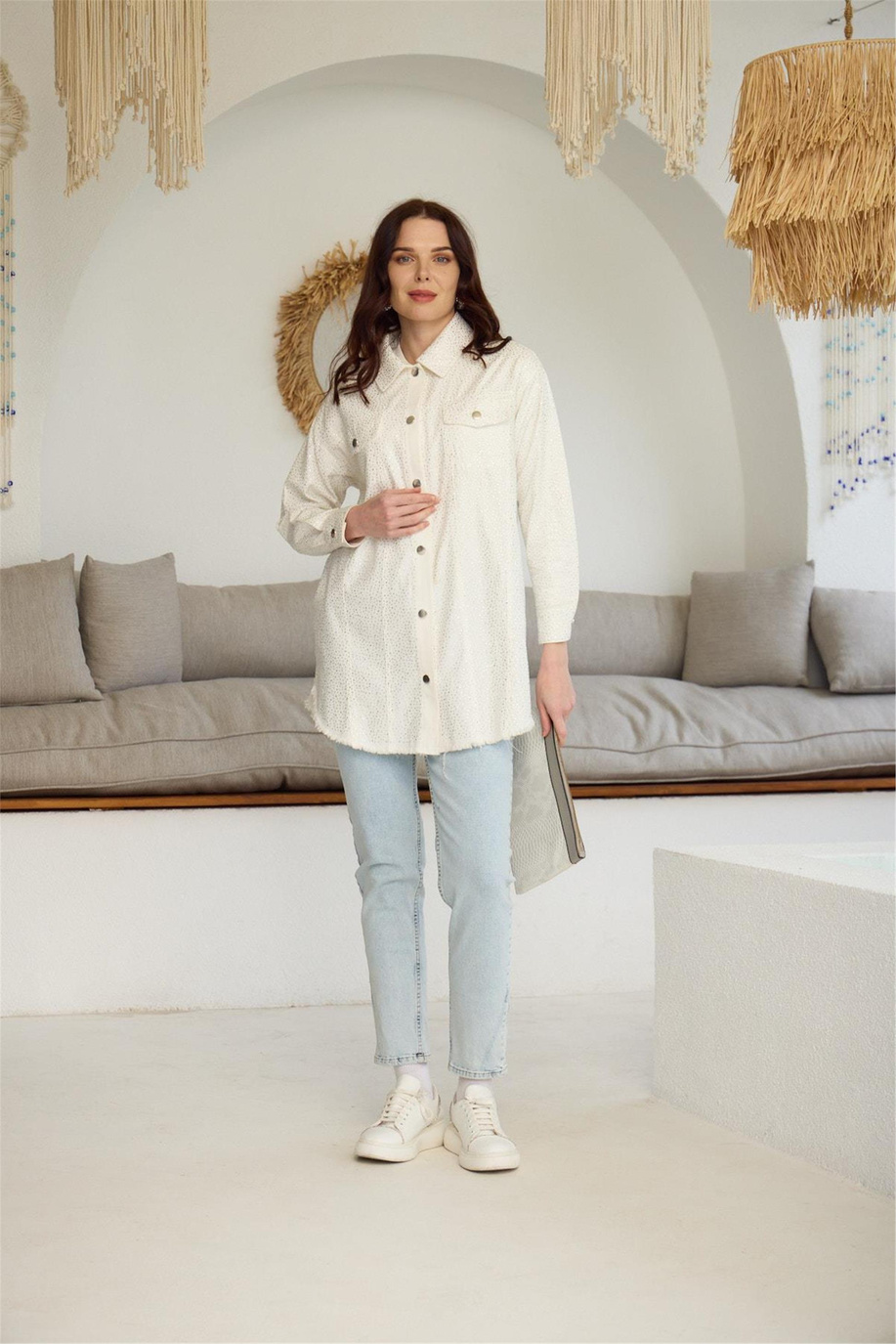 Kristal Serpme Taşlı Kot Ekru Ceket