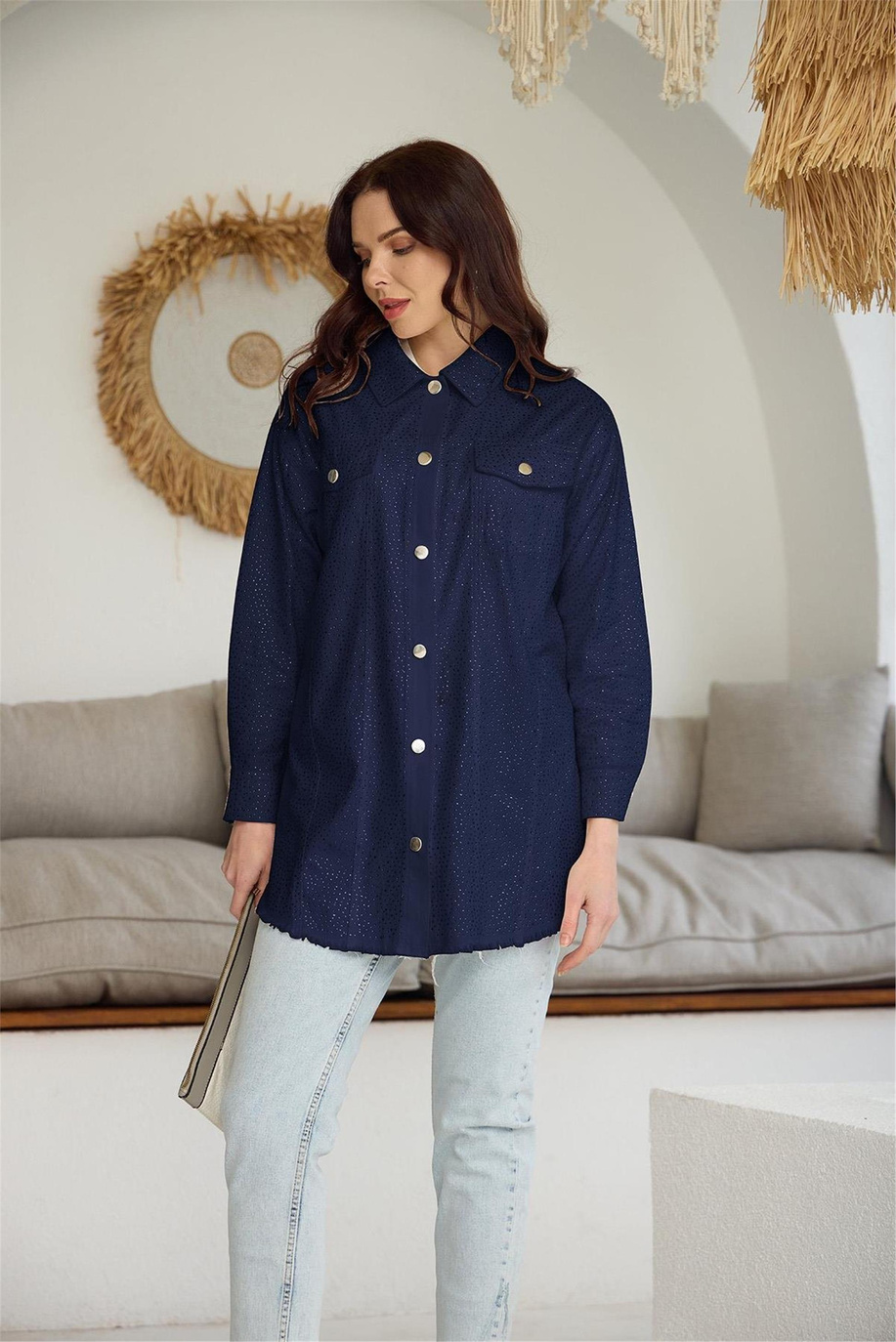 Kristal Serpme Taşlı Kot Lacivert Ceket