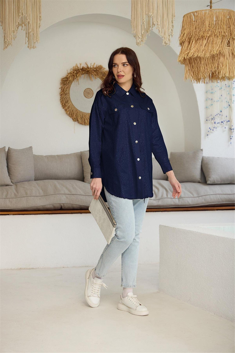 Kristal Serpme Taşlı Kot Lacivert Ceket