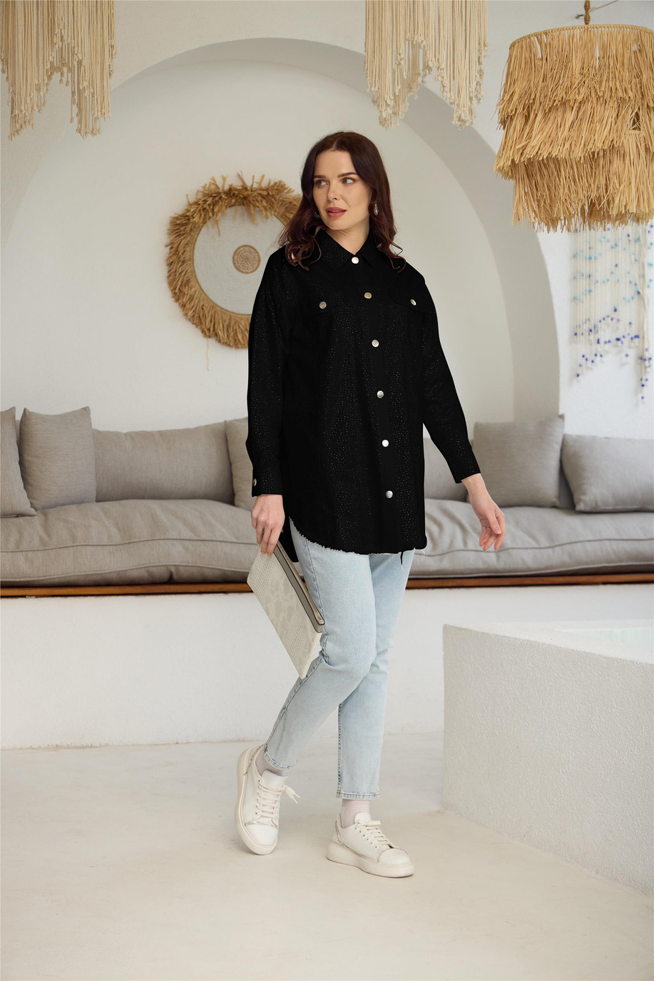 Kristal Serpme Taşlı Kot Siyah Ceket