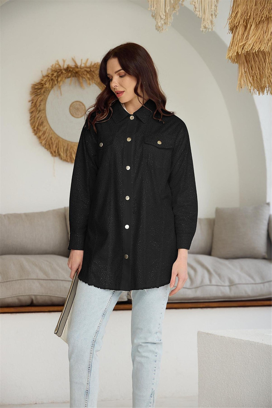 Kristal Serpme Taşlı Kot Siyah Ceket