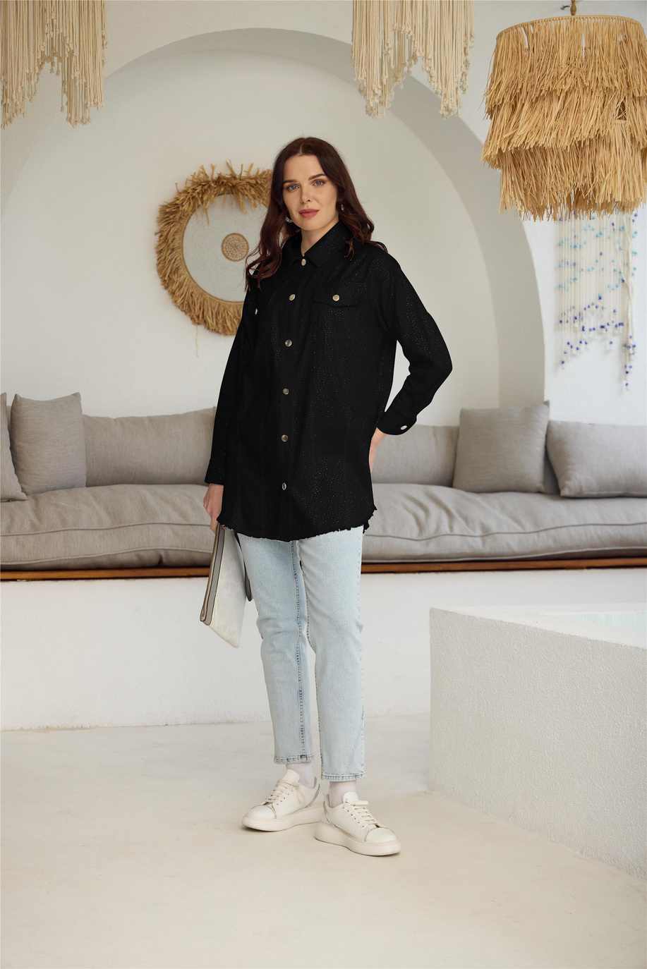 Kristal Serpme Taşlı Kot Siyah Ceket