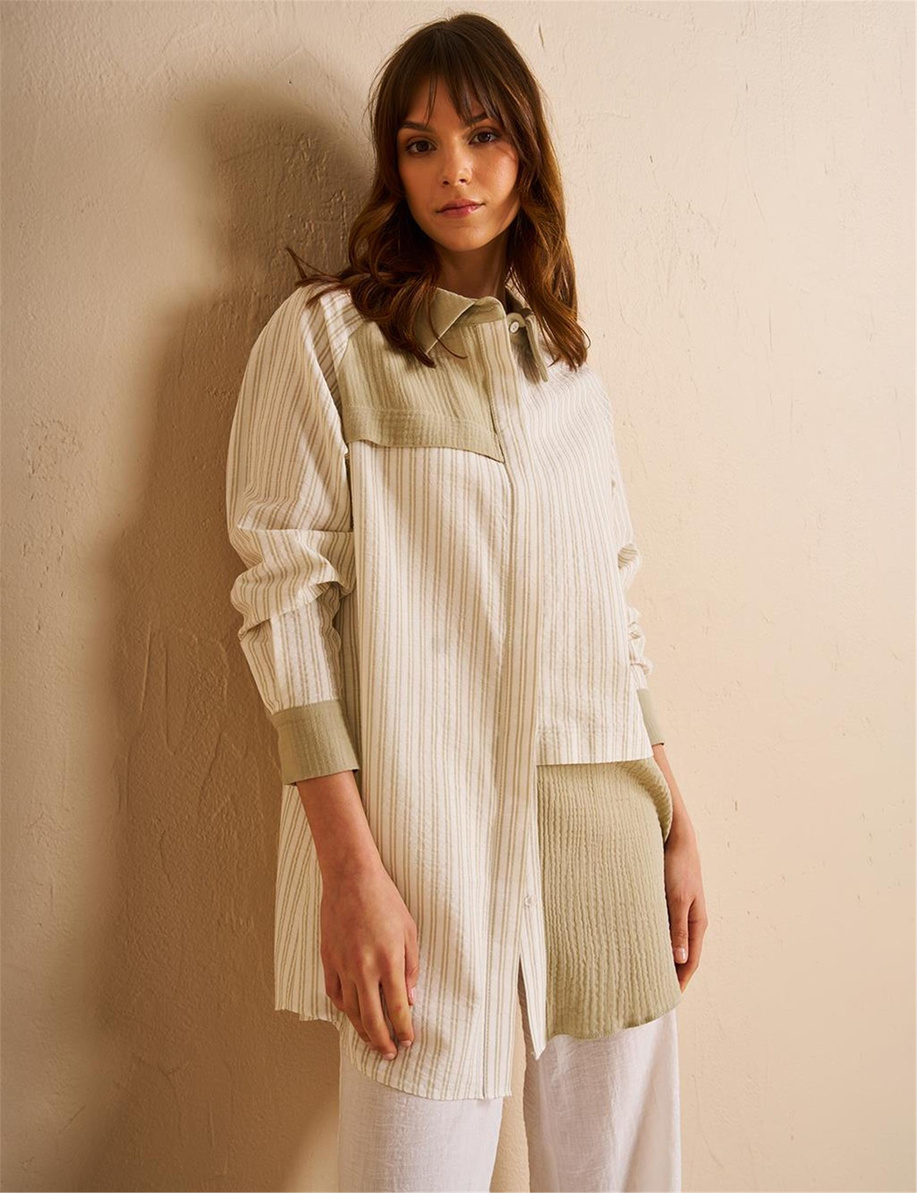 Kumaş Garnili Gömlek Yaka Tunik Küf Yeşili - KA-B25-21239