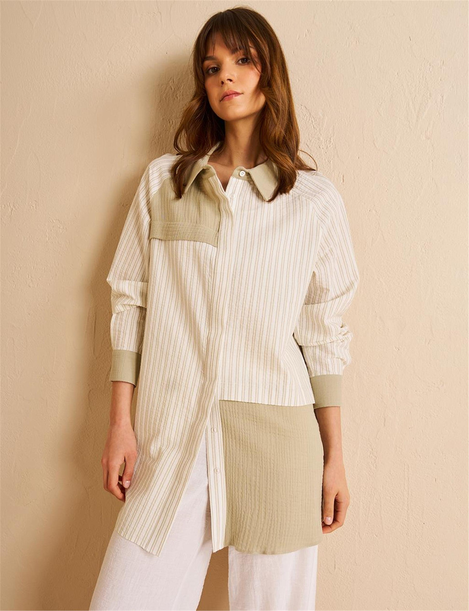 Kumaş Garnili Gömlek Yaka Tunik Küf Yeşili - KA-B25-21239