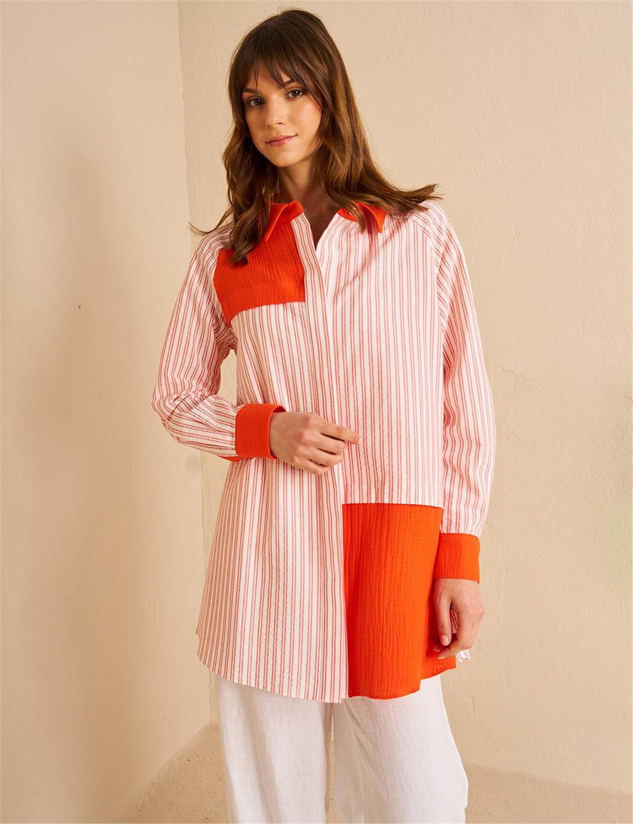 Kumaş Garnili Gömlek Yaka Tunik Mercan - KA-B25-21239