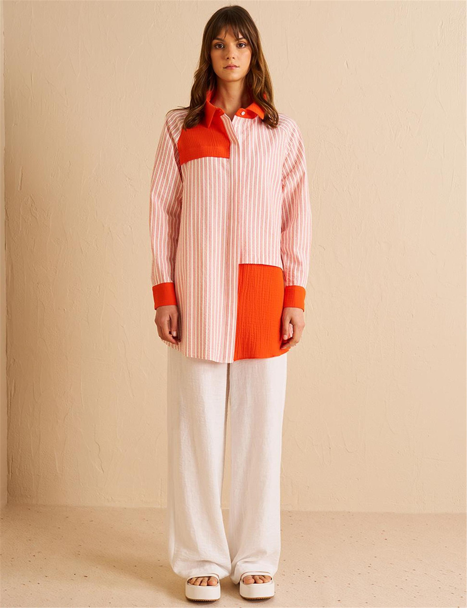 Kumaş Garnili Gömlek Yaka Tunik Mercan - KA-B25-21239