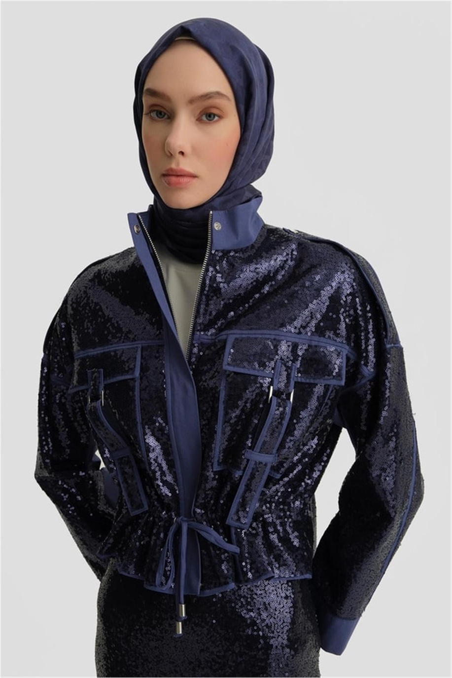 Kumaş Mixli Payetli Puslu Mor Ceket