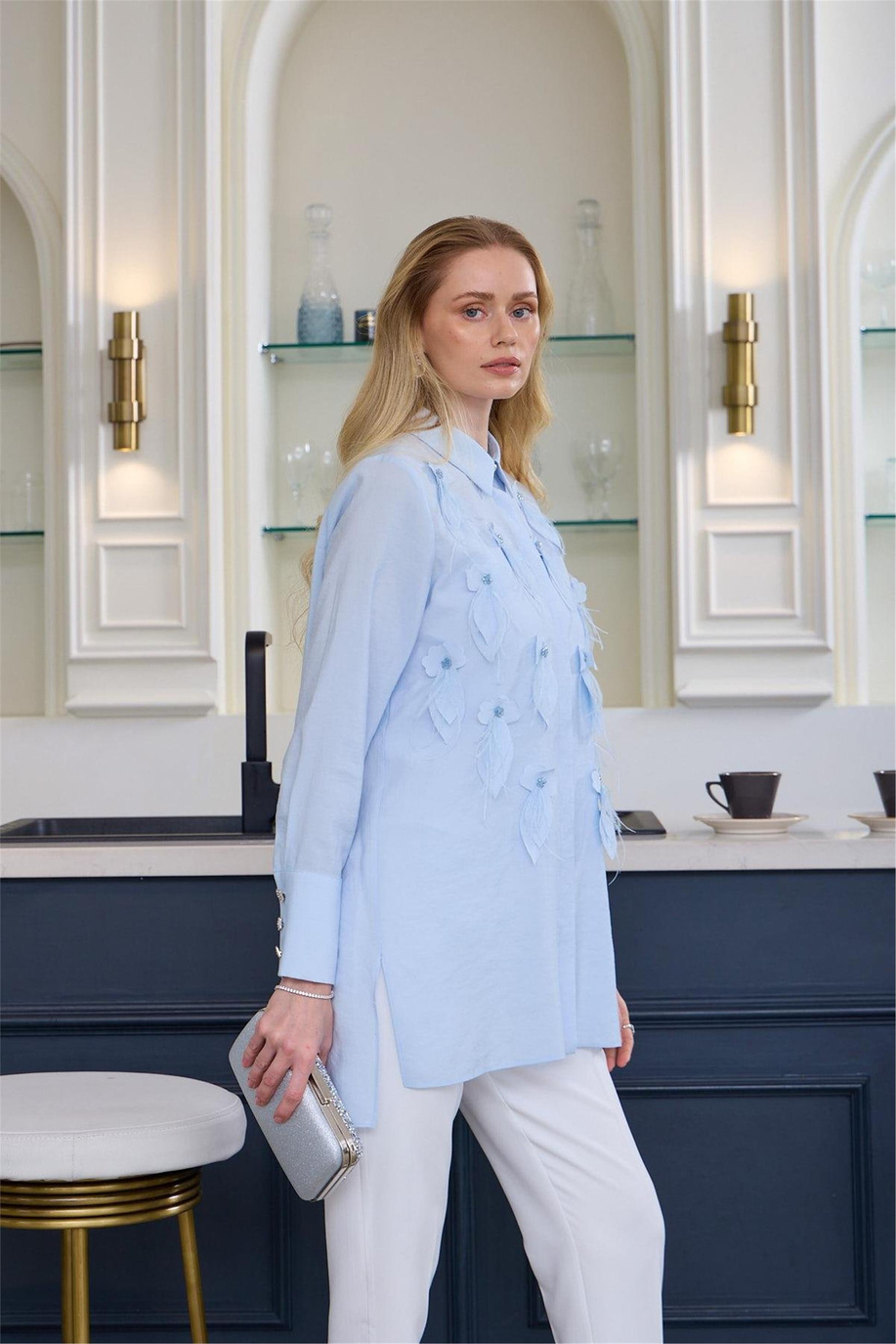 Kuş Tüylü İpek Cupra Gömlek Bebe Mavi - 25YMA1105