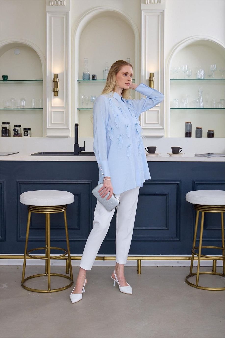 Kuş Tüylü İpek Cupra Gömlek Bebe Mavi - 25YMA1105