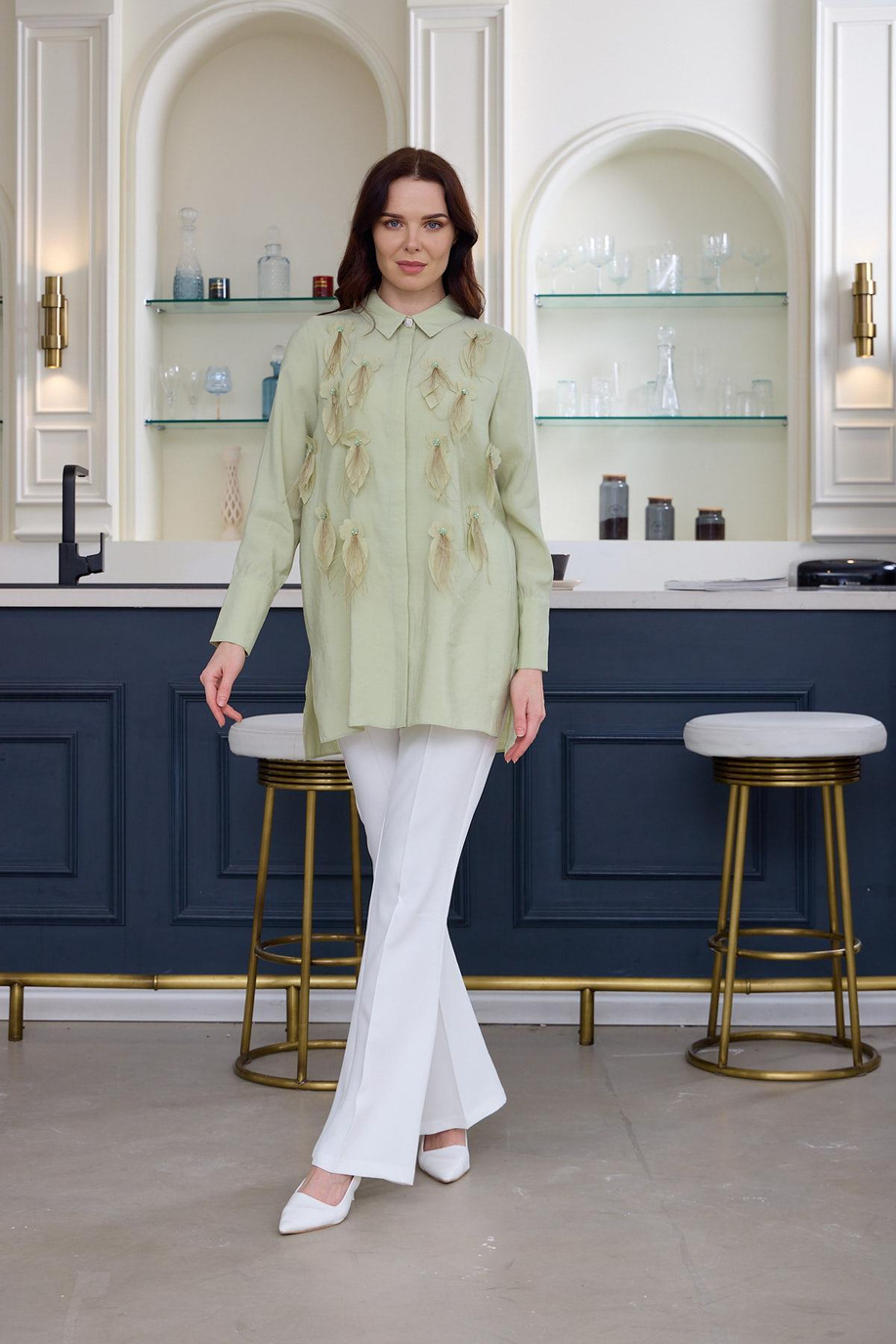 Kuş Tüylü İpek Cupra Gömlek Çağla - 25YMA1105