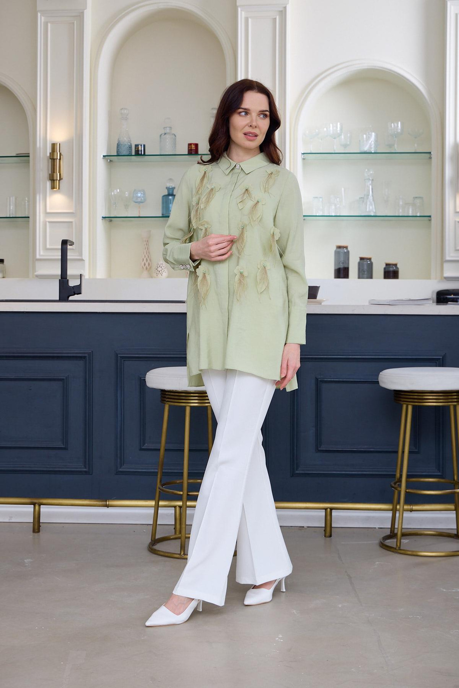 Kuş Tüylü İpek Cupra Gömlek Çağla - 25YMA1105