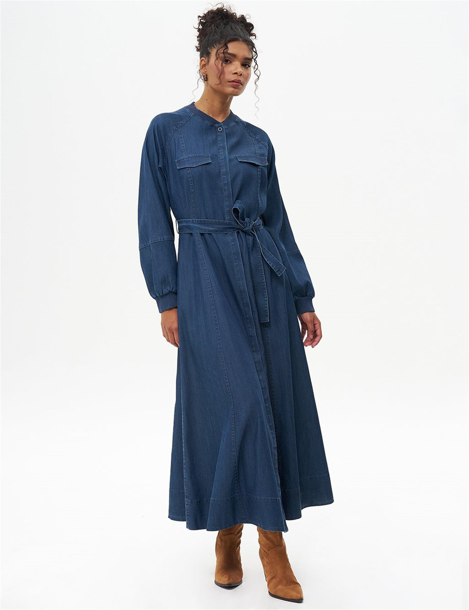 Kuşaklı Lyocell Lacivert Elbise