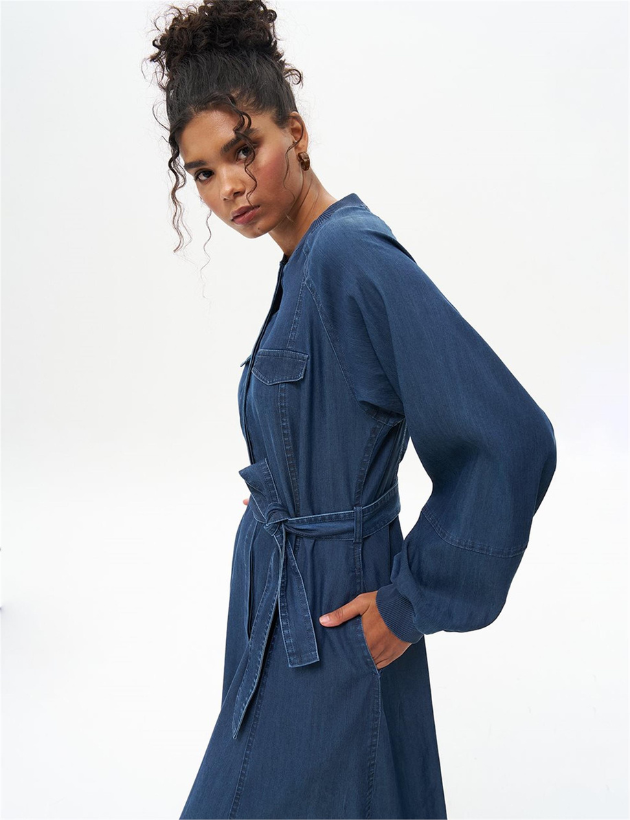 Kuşaklı Lyocell Lacivert Elbise