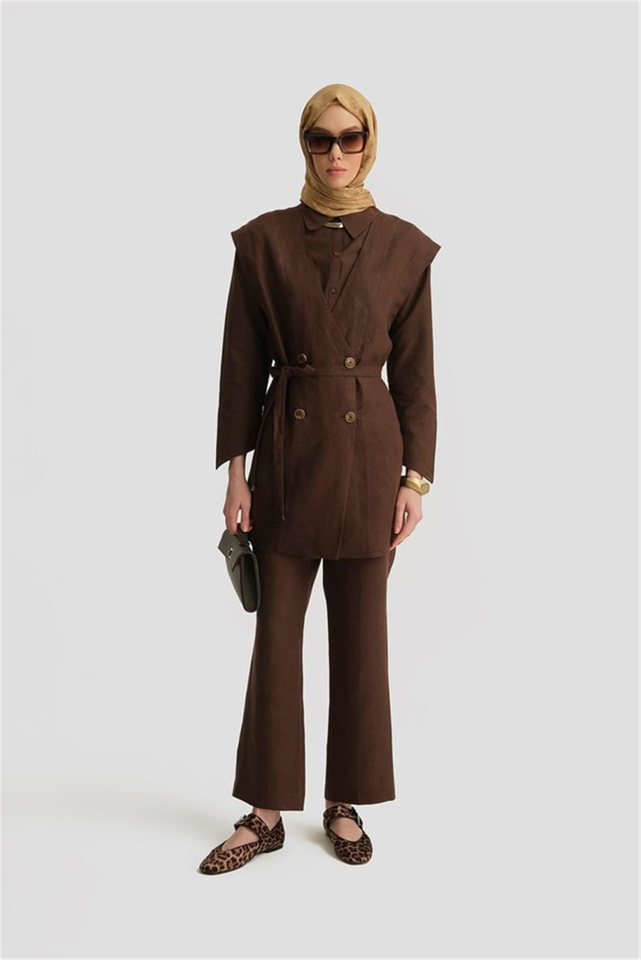 Leopar Biyeli Keten Kahve Takım