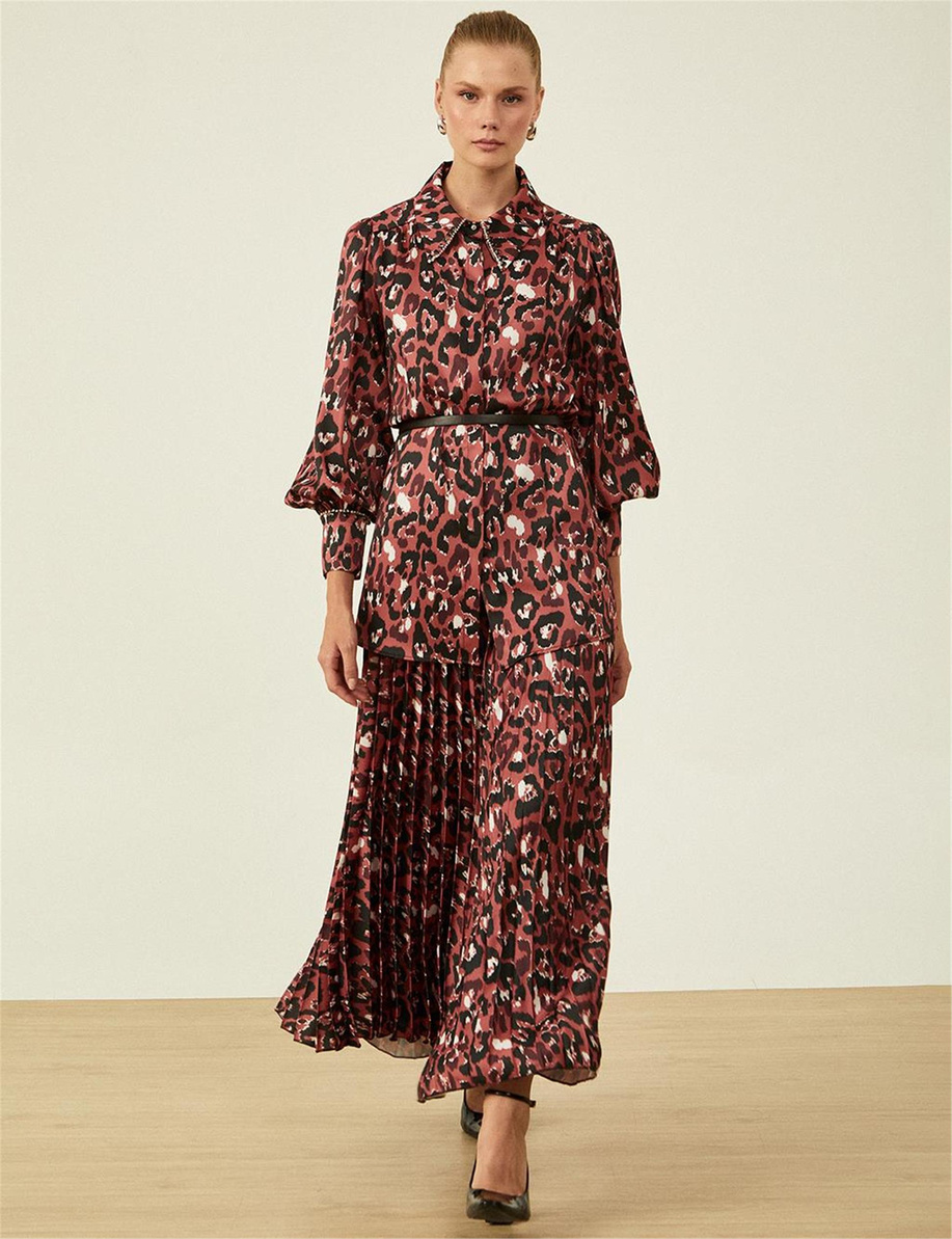 Leopar Desenli Piliseli Bordo Etek