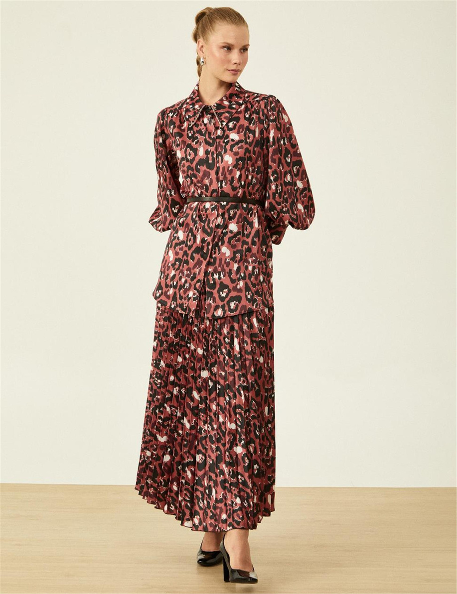 Leopar Desenli Piliseli Bordo Etek