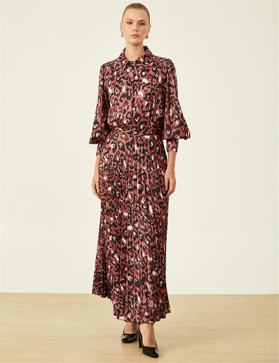 Leopar Desenli Piliseli Bordo Etek