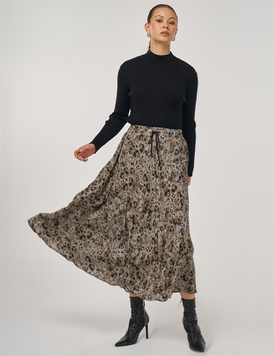 Leopar Desenli Piliseli Etek Haki
