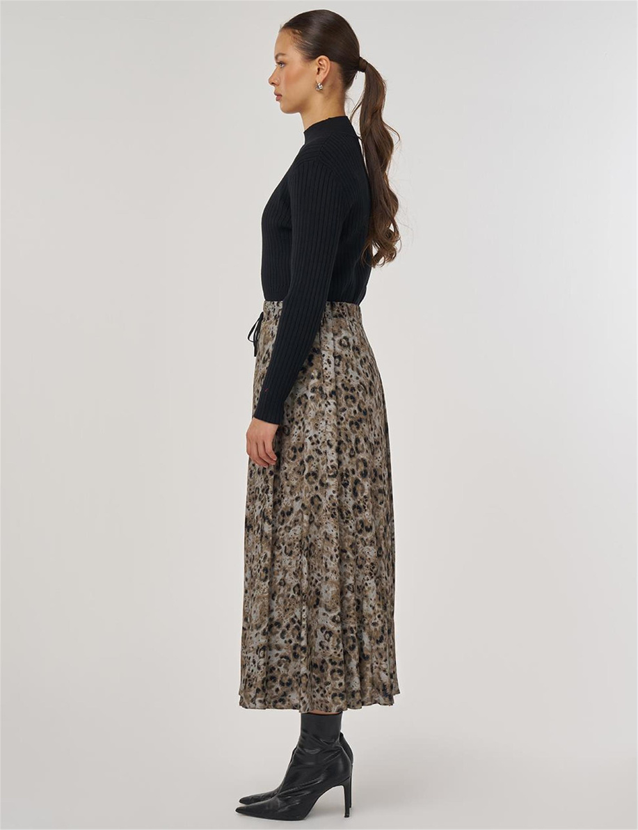 Leopar Desenli Piliseli Etek Haki