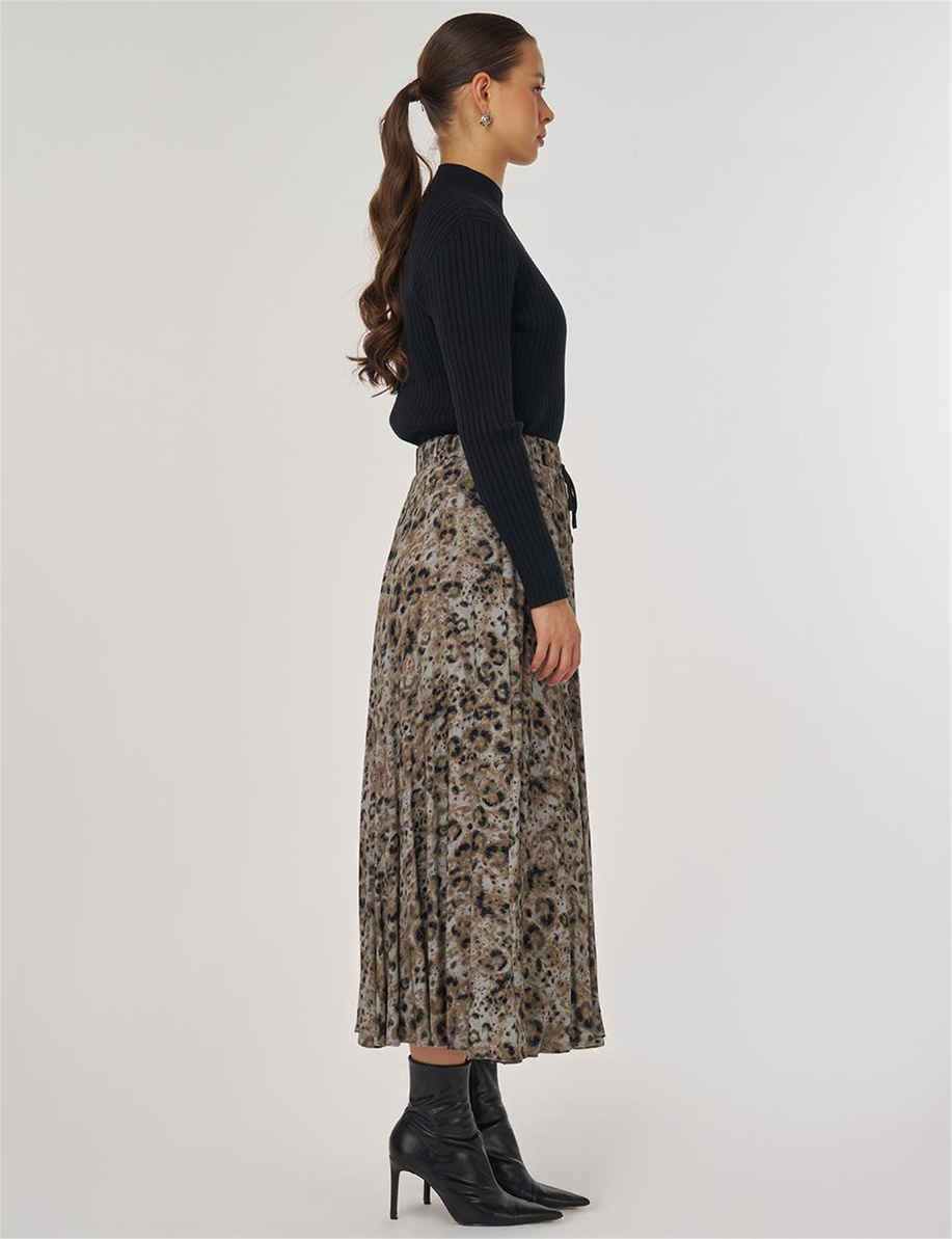 Leopar Desenli Piliseli Etek Haki