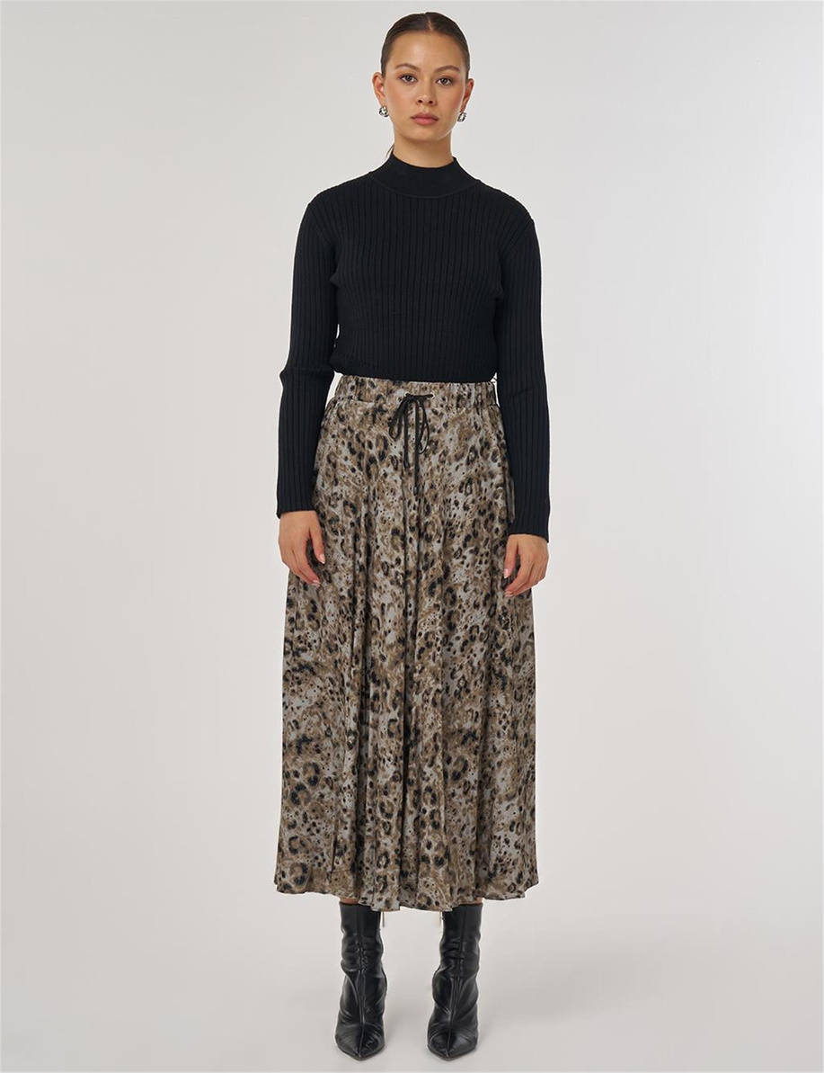 Leopar Desenli Piliseli Etek Haki